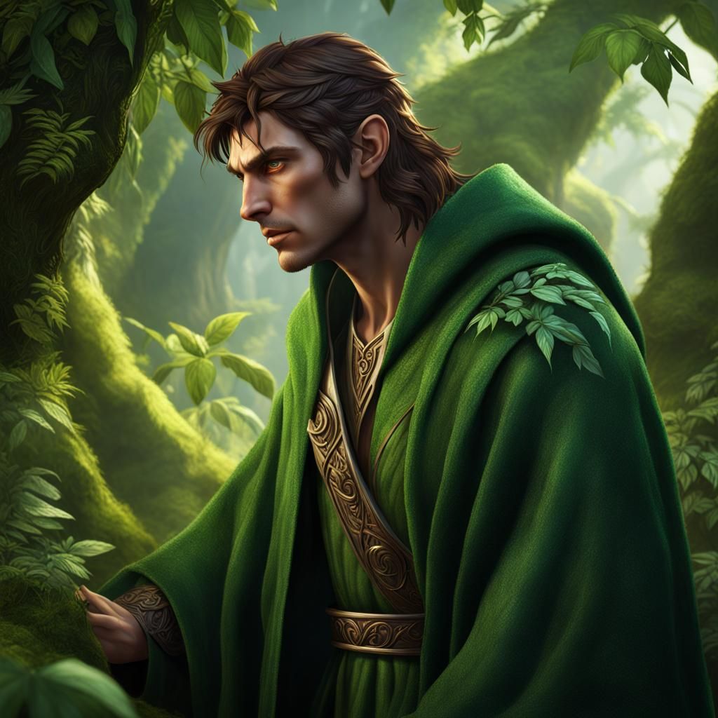 Brown-haired half-elf druid with scratch scars on his arms, dressed in ...