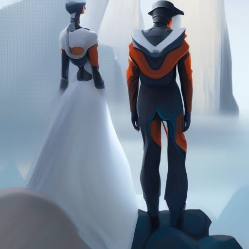 man and woman dressed in futuristic fashion