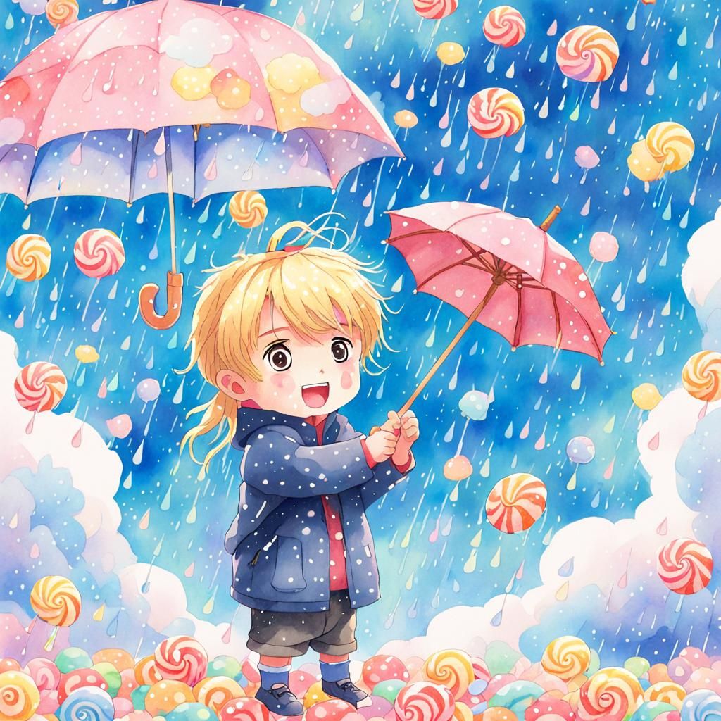 Whimsical Boy Shields Himself from Candy Rain in Pastel Wate...