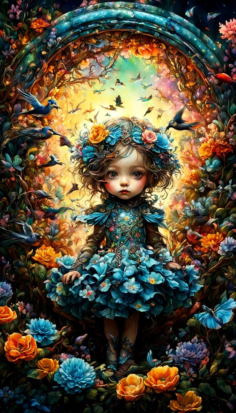 style of Jean-Baptiste Monge featuring paradise birds surrou...