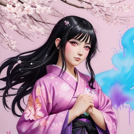 Happy anime princess with black hair and large purple eyes in a pink ...