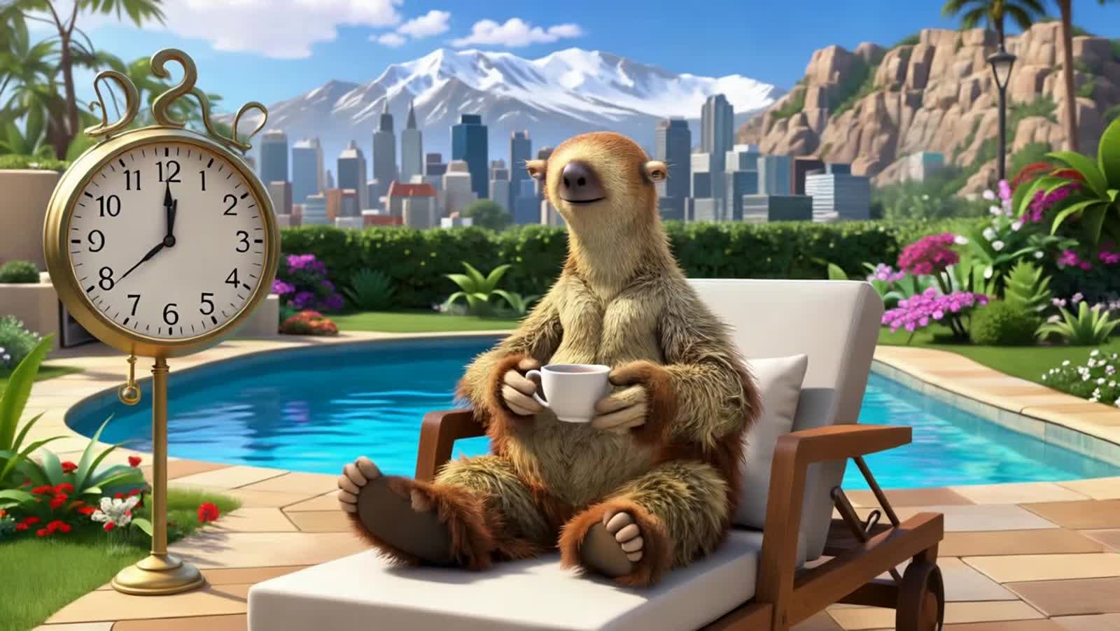 A wealthy sloth sitting in lounge chair with cup of coffee, on patio in front of a large swimming pool and beautifully l...