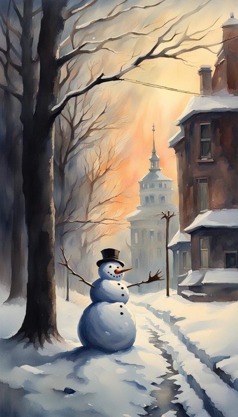Snowman Detective in Watercolor Style
