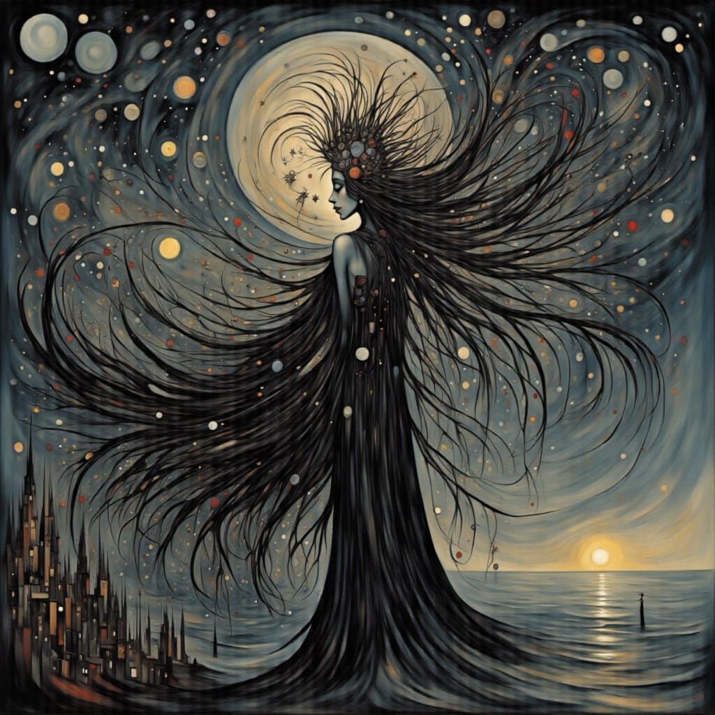 Darken sky leads to the ink woman of rites to be with the Stars <lora:Inked Sky:1.0>