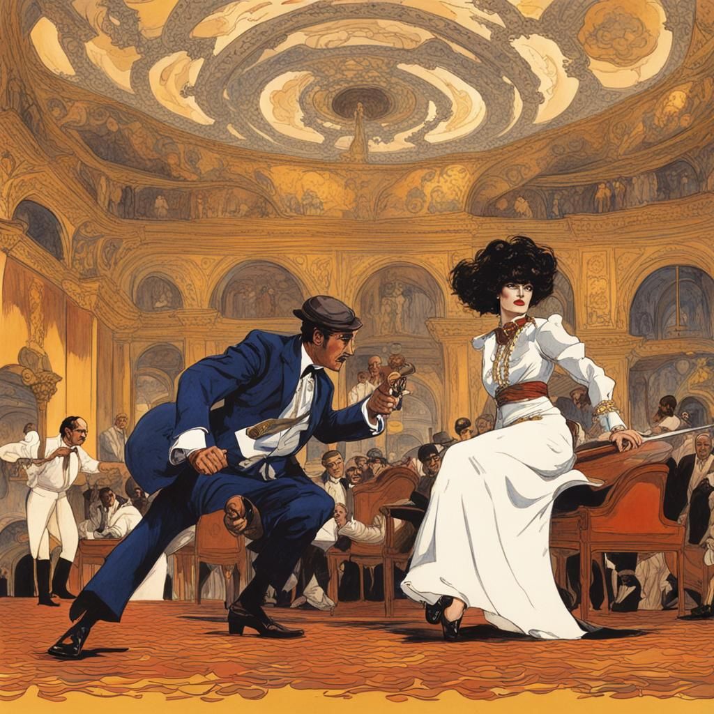 A scene from a Tarantino's movie drawn in Leon Bakst's style