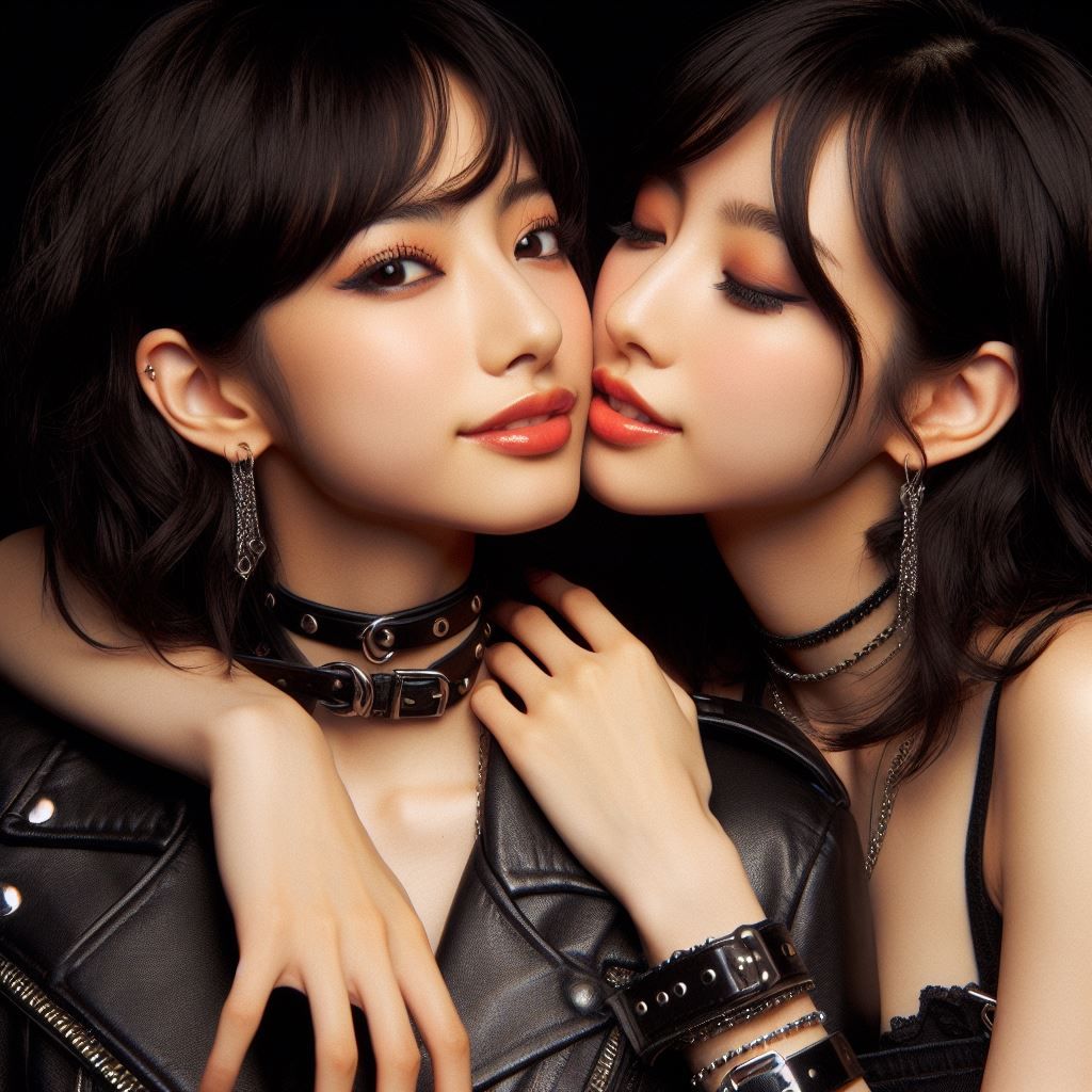Japanese rock girlfriends kissing in leather