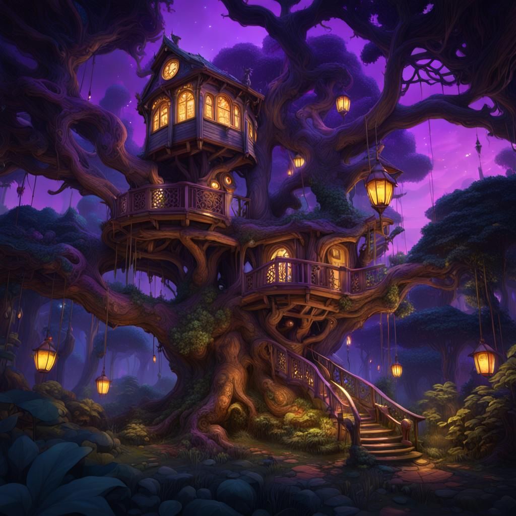 Surreal Treehouse in Dark Night Garden: Fantasy Art