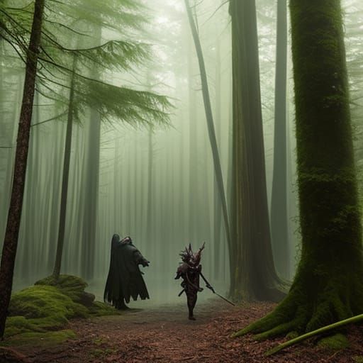Dark Fantasy epic goblin in the woods during a lightningStor...