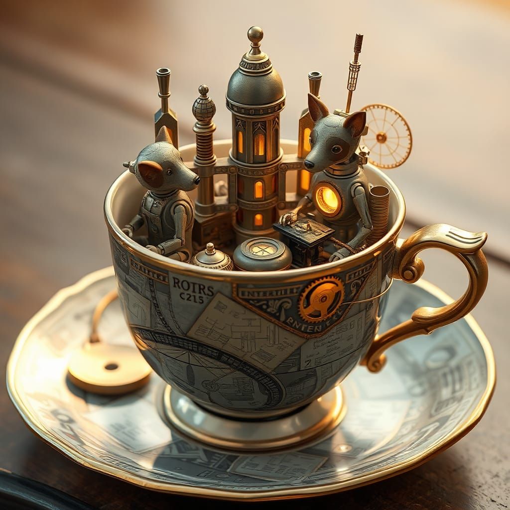 a tea cup with a high tech city of tiny dogs building mystical devices inside it  by @Crash Test Drama