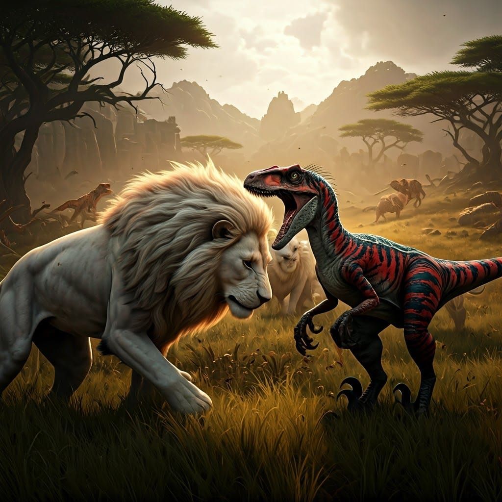 A pack of red and black stipe velociraptors fighting a pride...