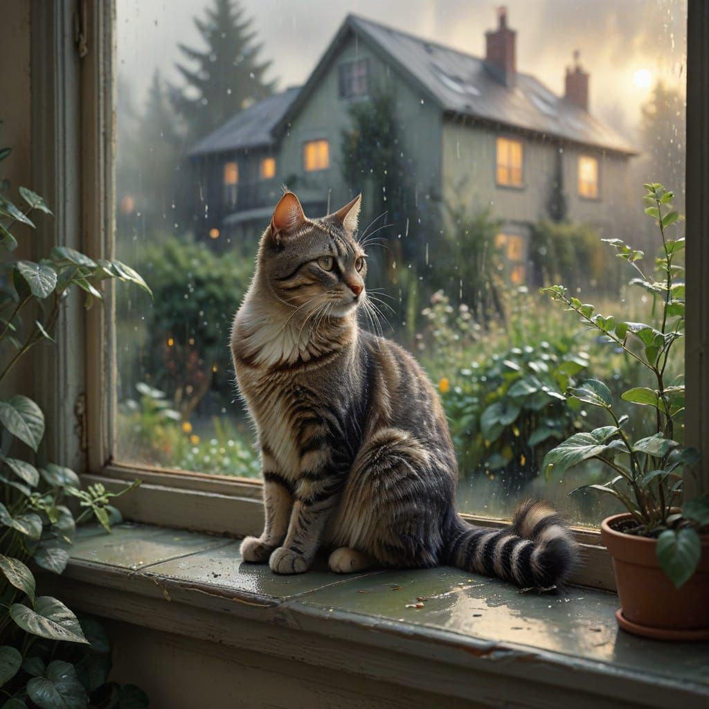 A rainy backyard with an overgrown garden framed by a window.  A cat sits inside on the window sill.  by @SpaceFairie