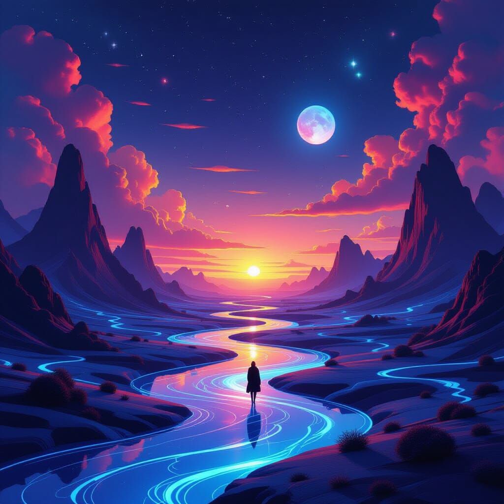 "A breathtaking scene that captures the eye instantly, vibrant glowing colors contrasting with deep shadows, a surreal landscape with flowin...