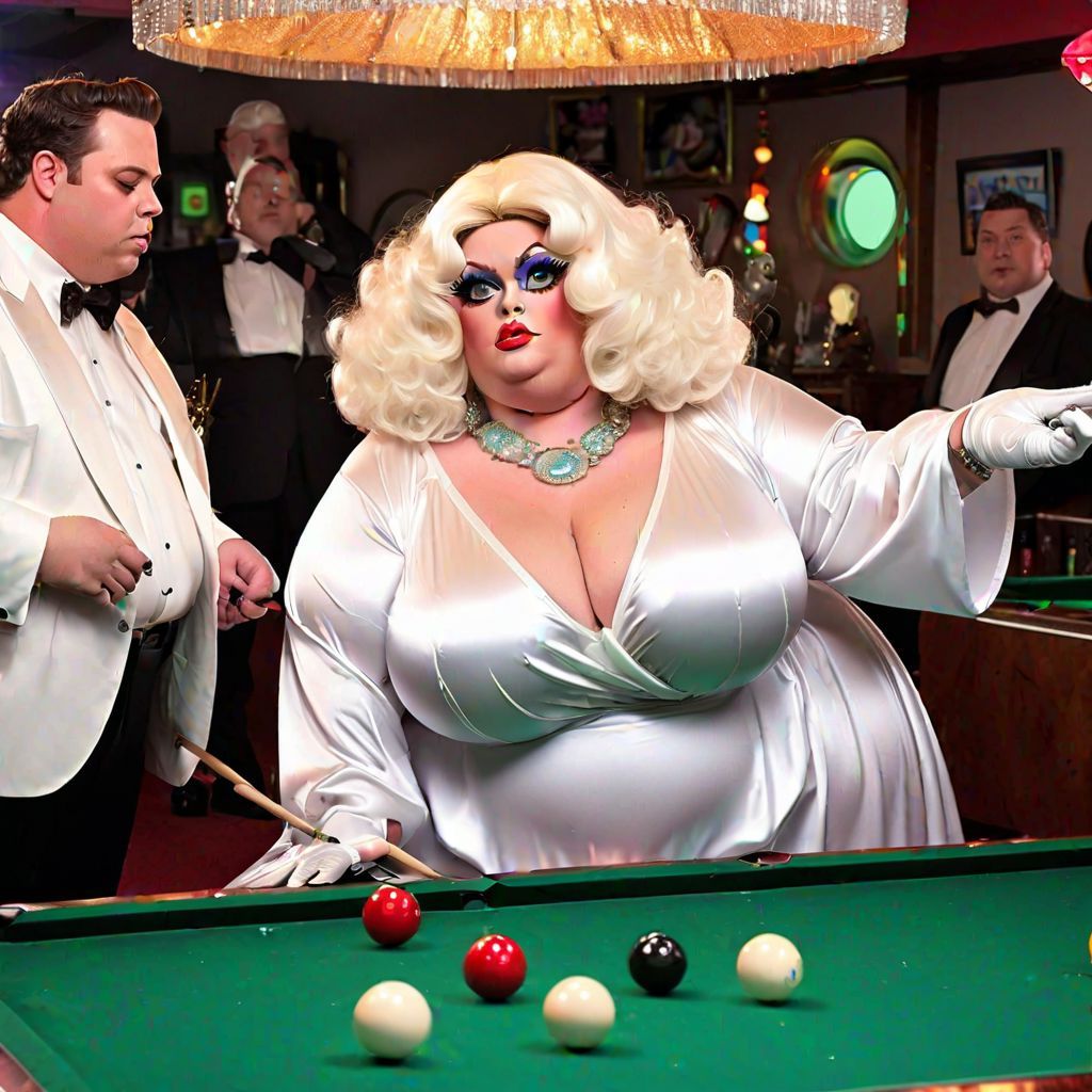 Poofy Extravagant Ultra Femme Fat Obese Overweight Drag Queens wearing White Satin Caftan Kaftan Abaya playing Snooker a...