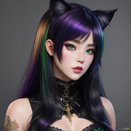 PhotoRealistic Kawaii female red hair with cat ears, black a...