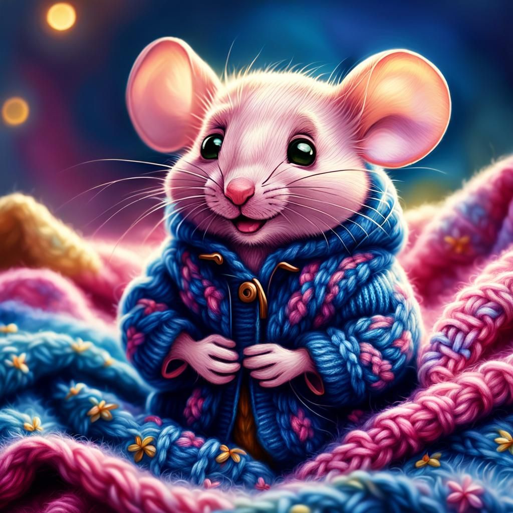 Cute Pink Mouse in Blanket: Whimsical Oil Painting