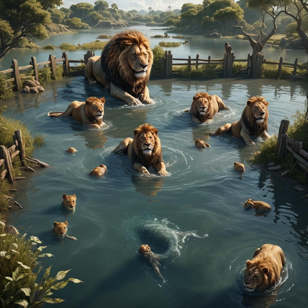 Majestic Lion Floating with Children: Fantasy Art