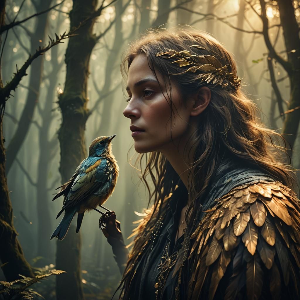 Mystical Forest Bird Whispers Secrets in Golden Light