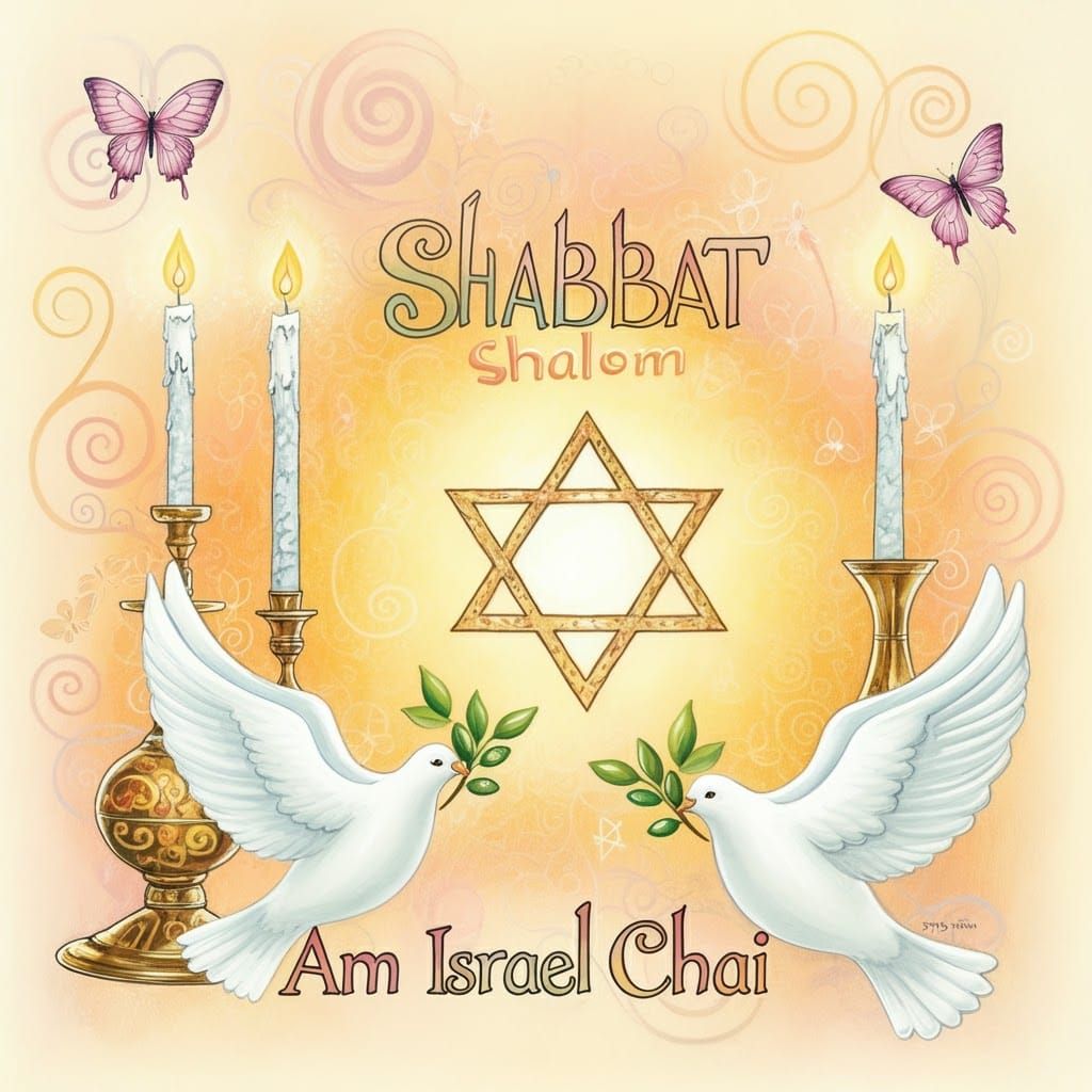 Whimsical Shabbat Shalom with Doves and Flowers