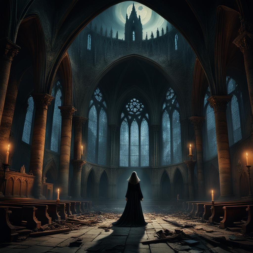 Gothic church in the style of Bagsinski, candles, night.  In the center stands a witch in a crpsy dress. 8k, hyperrealism