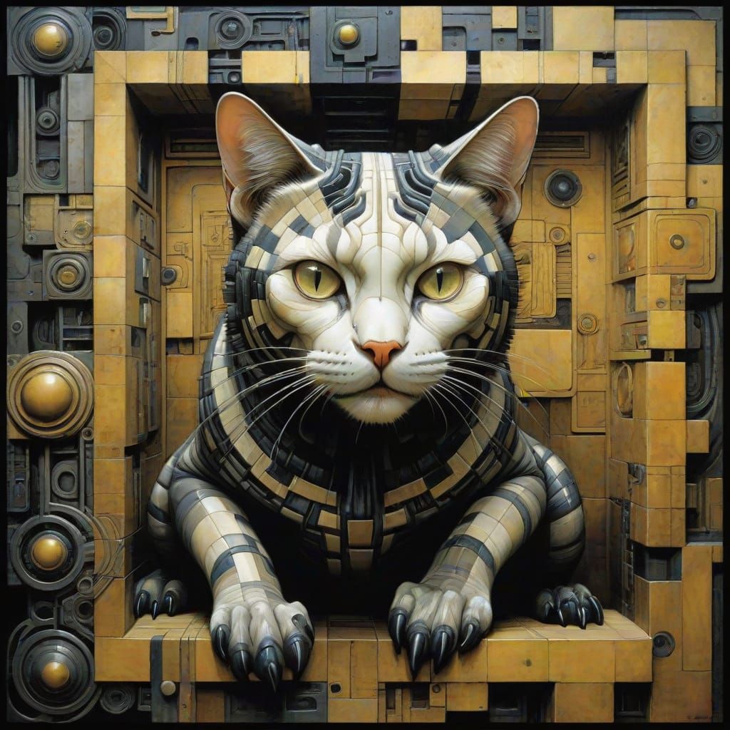 Abstract Feline Masterpiece with Geometric Squares