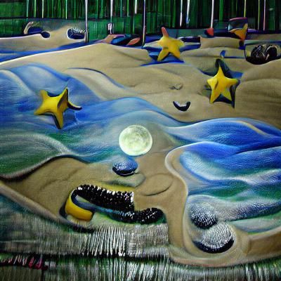 beach at night with moon and stars detailed painting