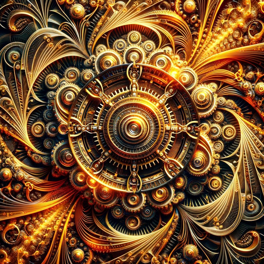 Mechanical gears rotate inside a kaleidoscopic machine.
Vibrant fractal lines spin with hypnotic precision.
Endless symmetry pulses in golde...