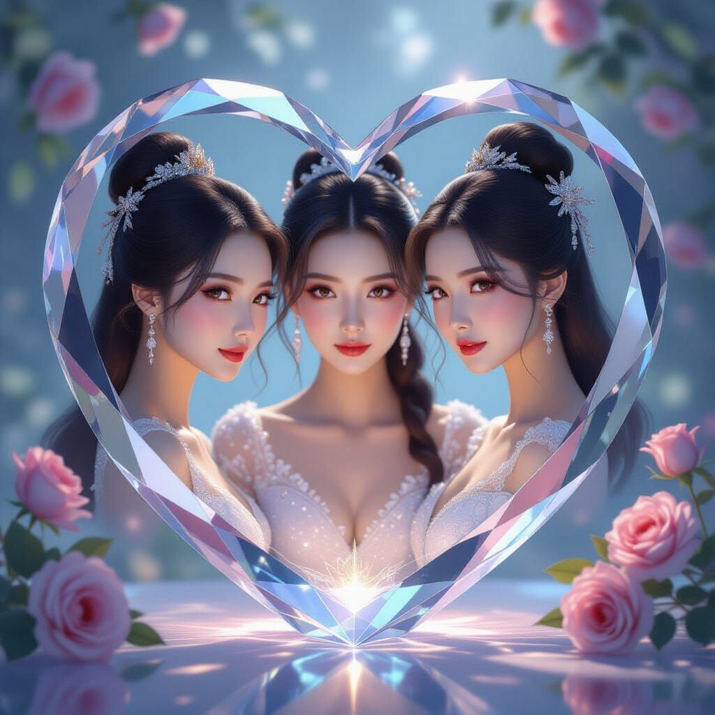 Crystal Heart Holds Three Stunning Chinese Beauties