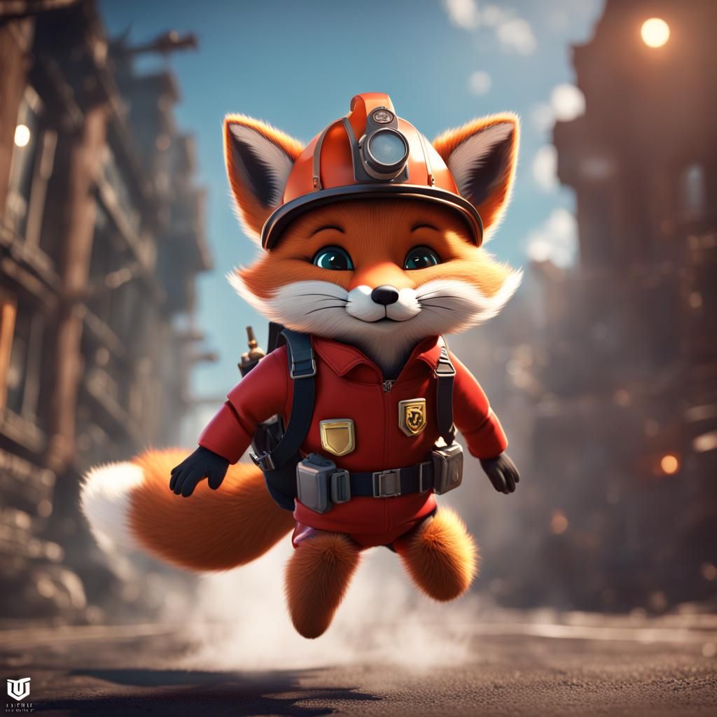 A small cute fox cub flying a jetpack while wearing a firema...