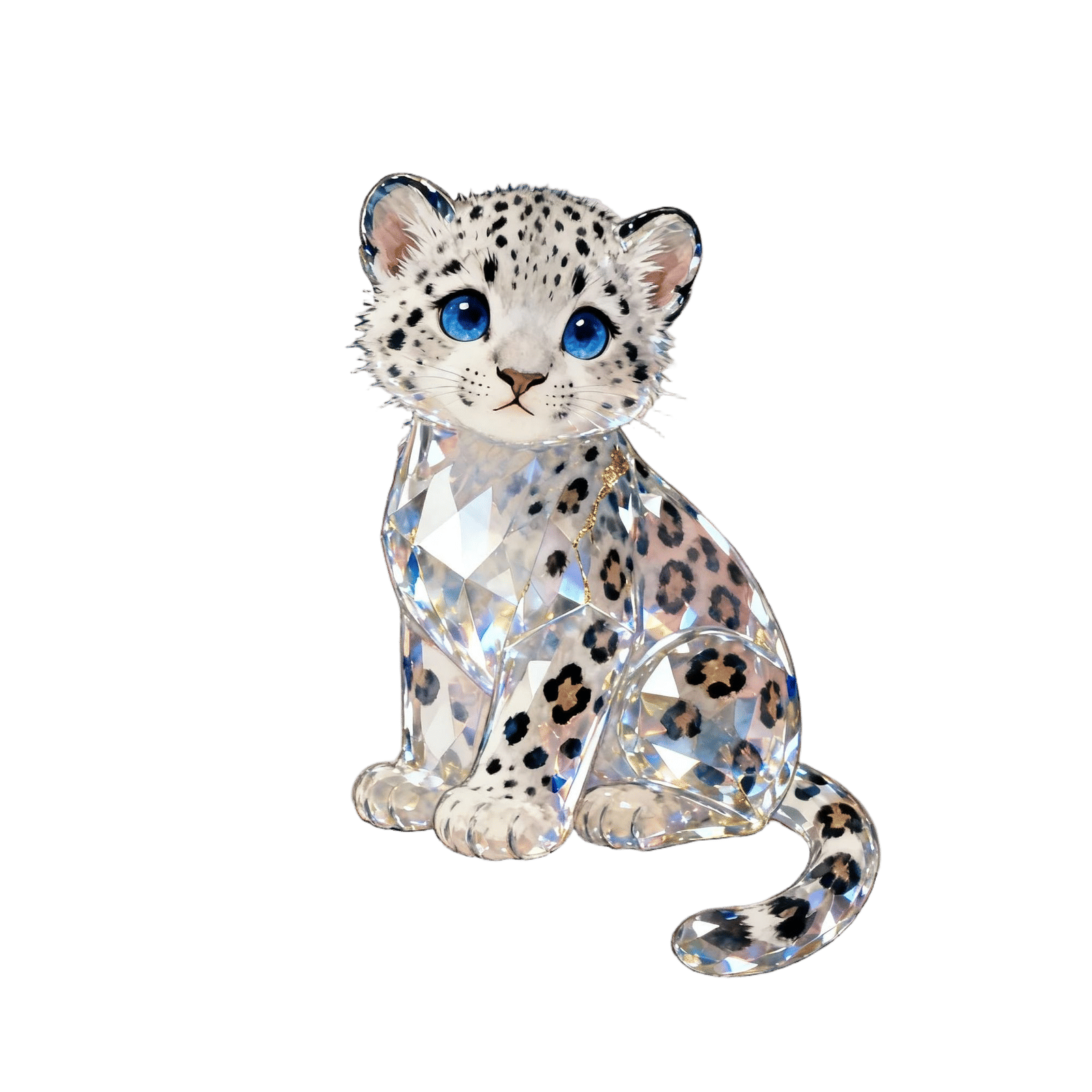 Cute Crystal Snow Leopard Cub in Watercolor and Gold Art
