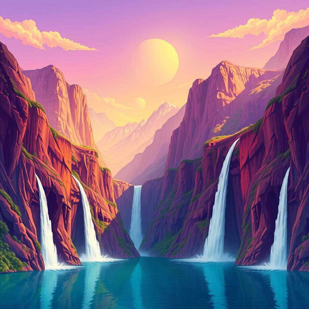 Describe a hidden valley where the sky glows in shades of la...