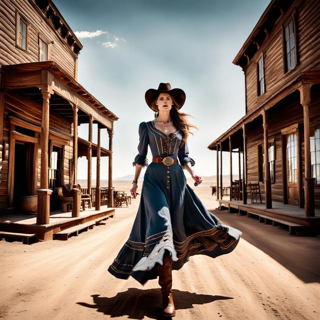 Cowgirl wearing 19th century dress running through western town 2 - AI ...