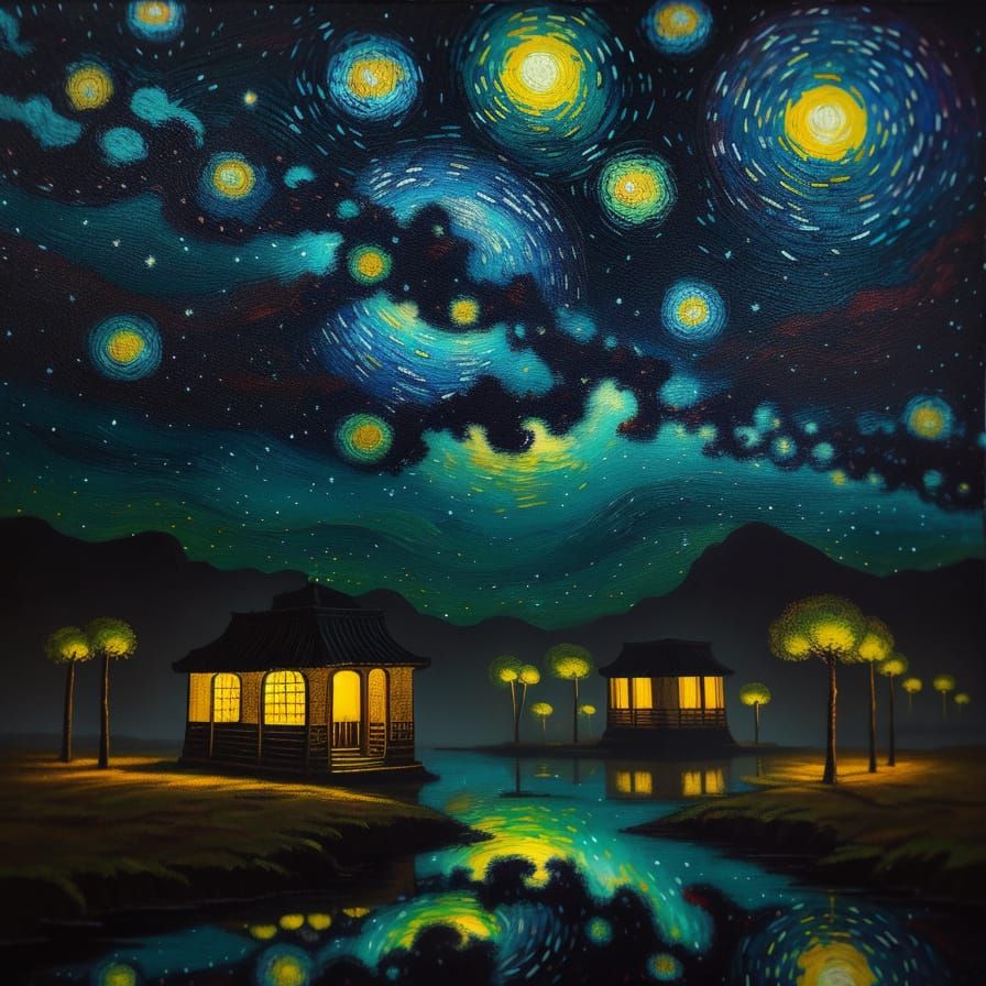 Dreamlike Liminal World in Nocturnal Oil Painting