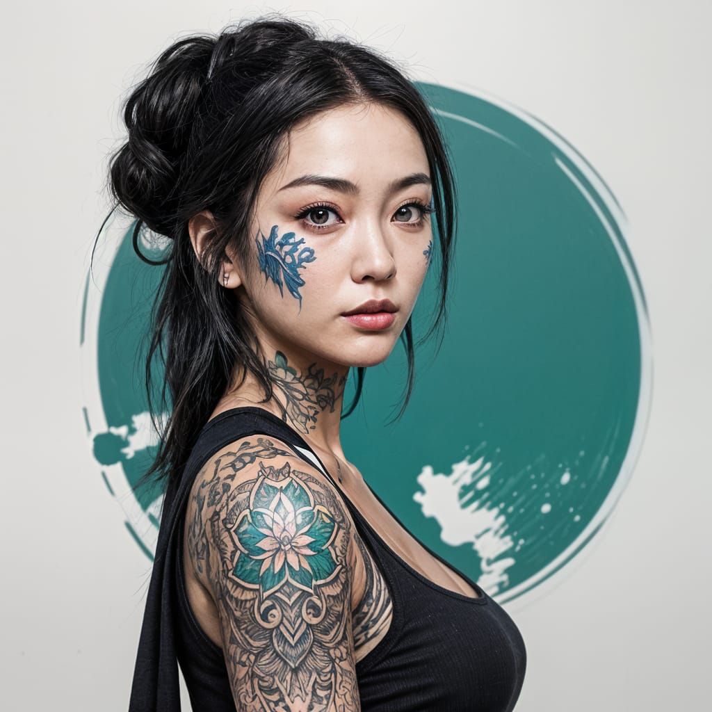 Full body picture of a beautiful korean woman; short green and black hair with bright blue eyes and tattoos and face tattoo wearing a black...