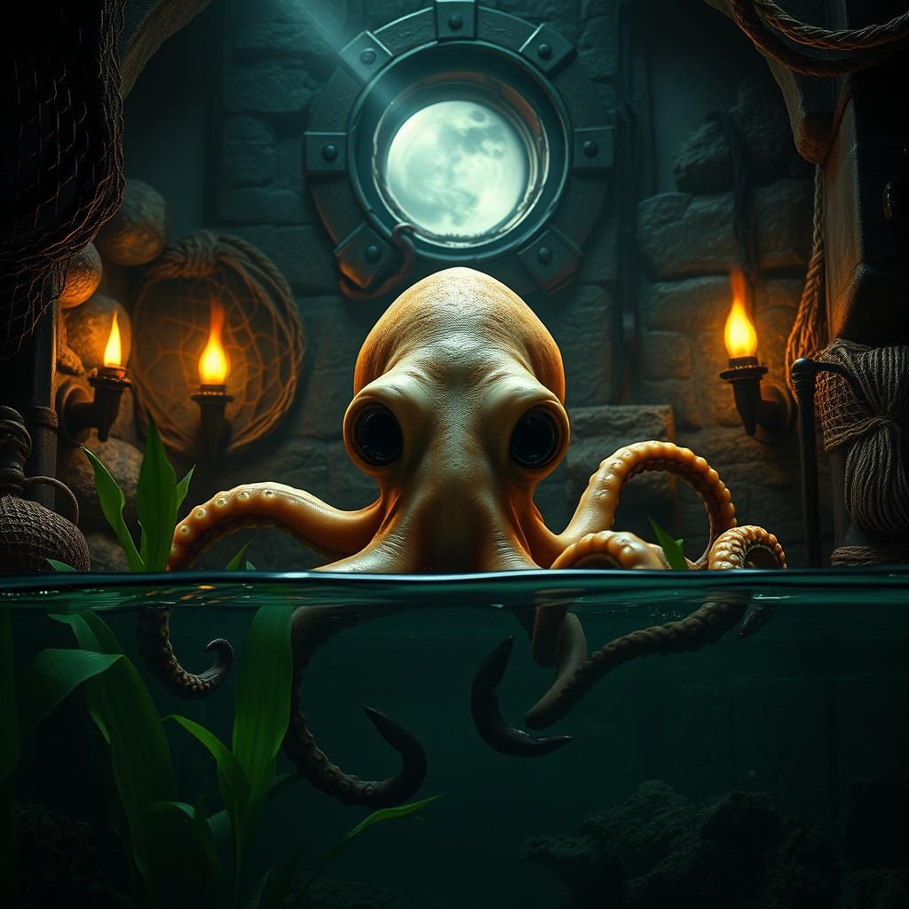 A cute octopus trapped inside a dirty fish tank, expressive eyes, dark pirate hideout horror background, detailed texture, realistic lighti...