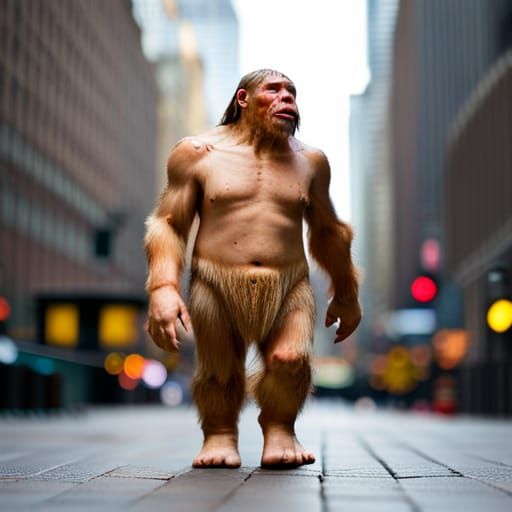 Neanderthal walking in Manhattan street, Professional photog...