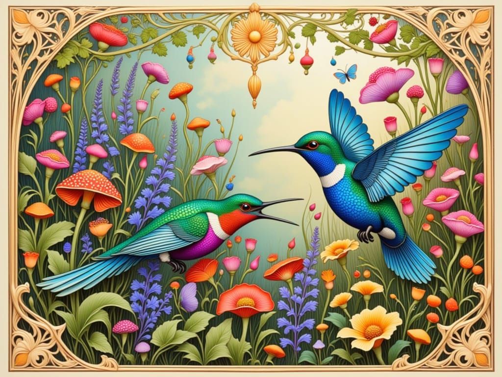 Humming birds in a flower garden.