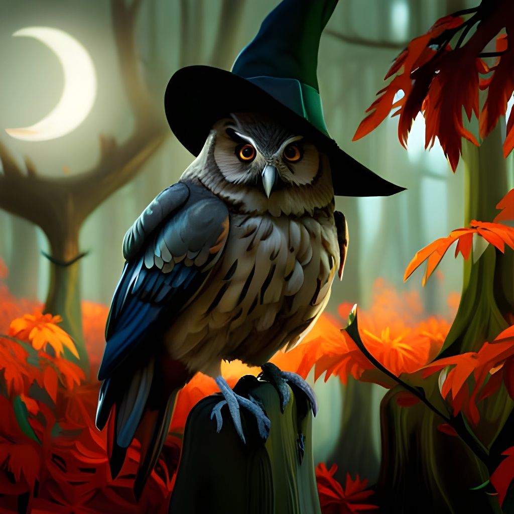 Wise Crow in Witch Hat, Fantasy Art