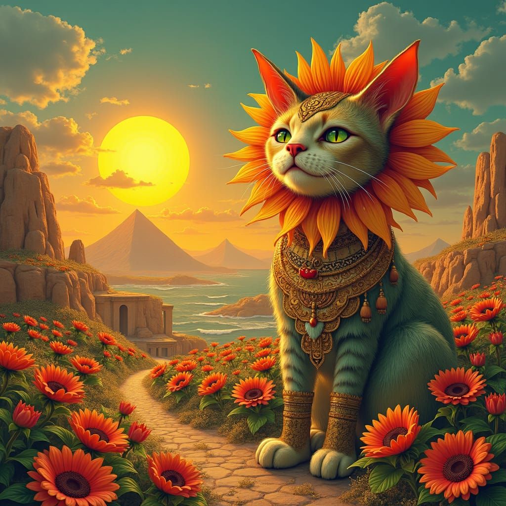china cat sunflower, psychedelic, surreal ancient Egyptian landscape,  fantastic