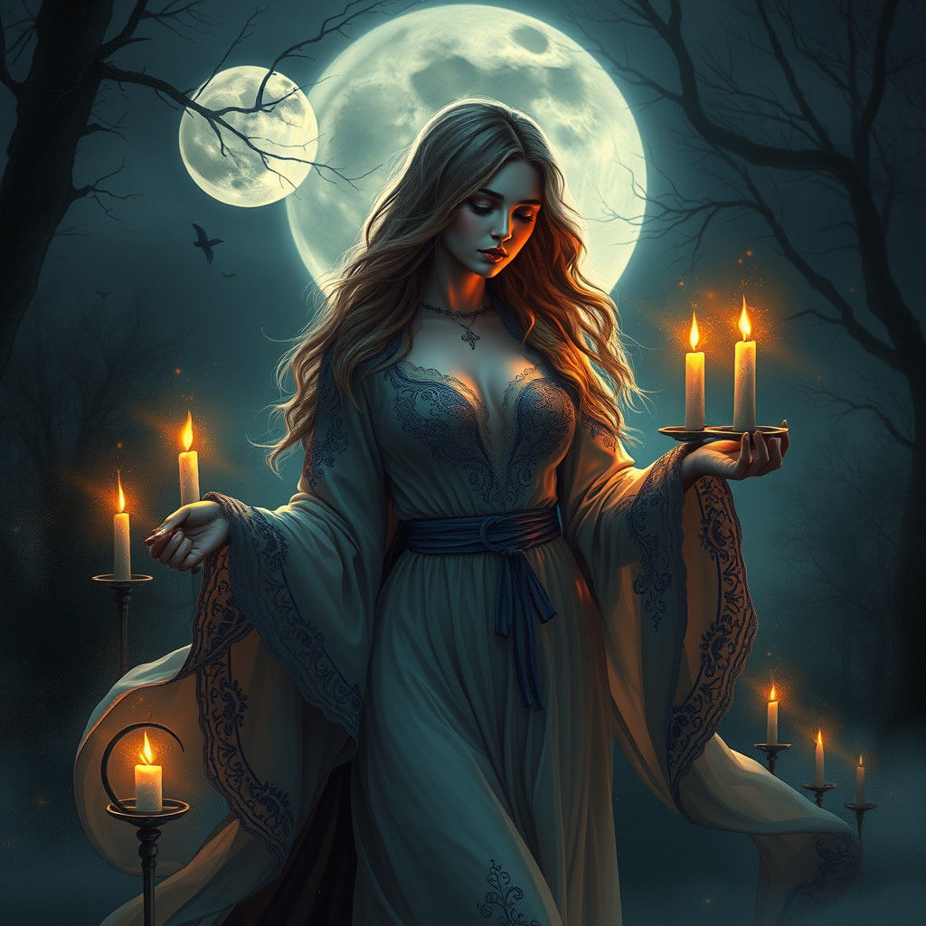 Nocturnal Enchantress Under Moonlit Mystique, Surrealist Dig...