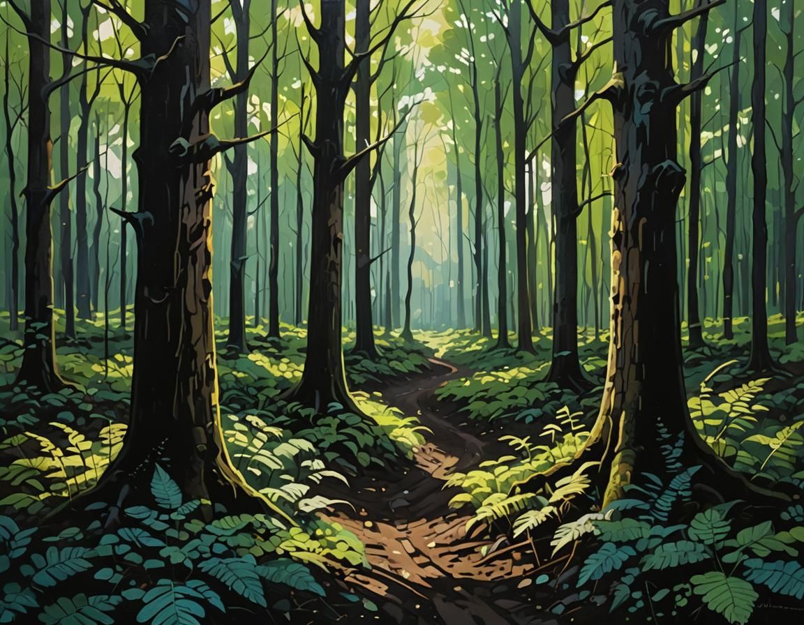 Dense dark forest up close. Only one ray of light passing th...