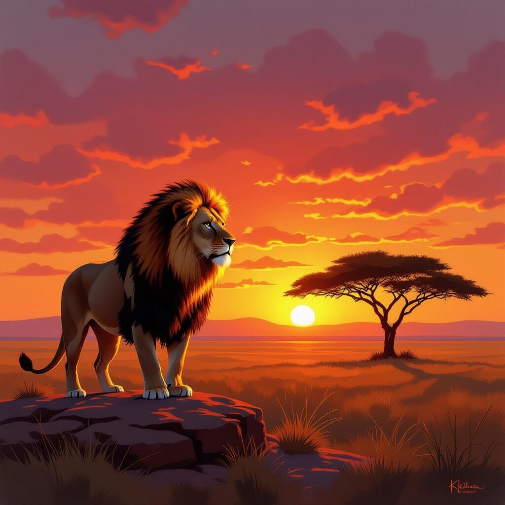 Majestic Lion at Sunset Savanna Impasto Painting
