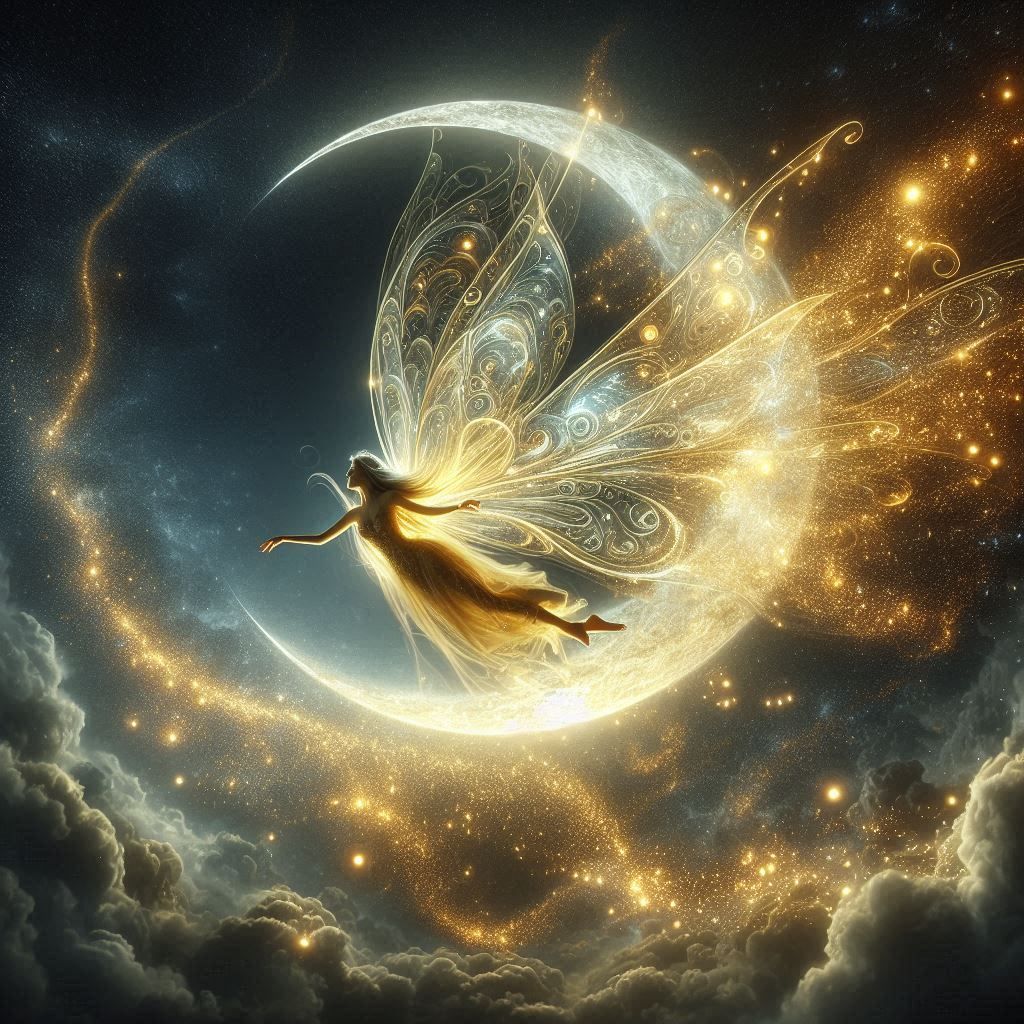 Fairy flying around the crescent moon and spreading sparklin...