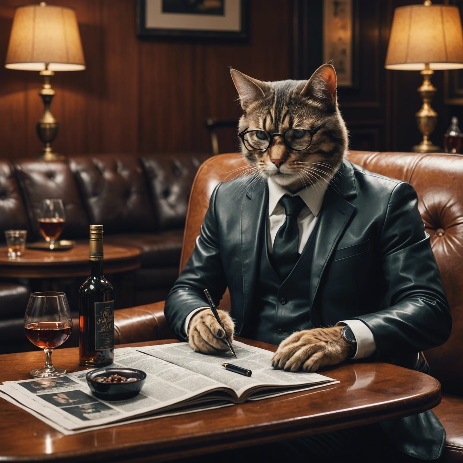 A cat wearing glasses reading a newspaper on a leather sofa,...