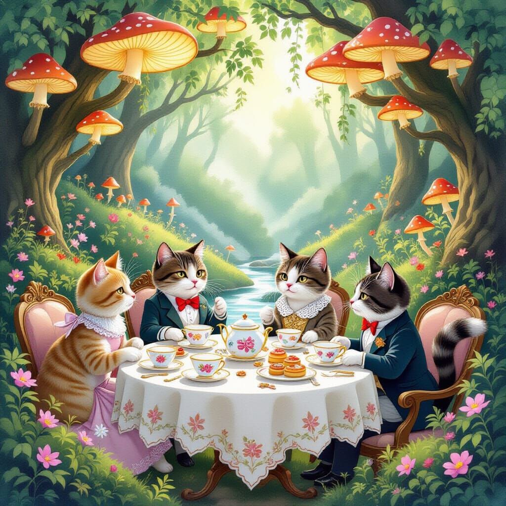 Enchanted Cat Tea Party in Bioluminescent Grove
