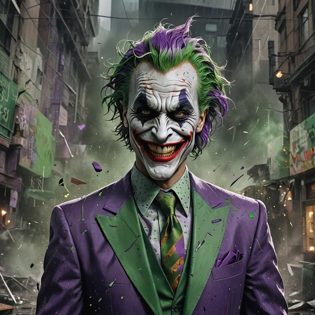 Batman nemesis The Joker purple suit green tie green hair mad laughter ...