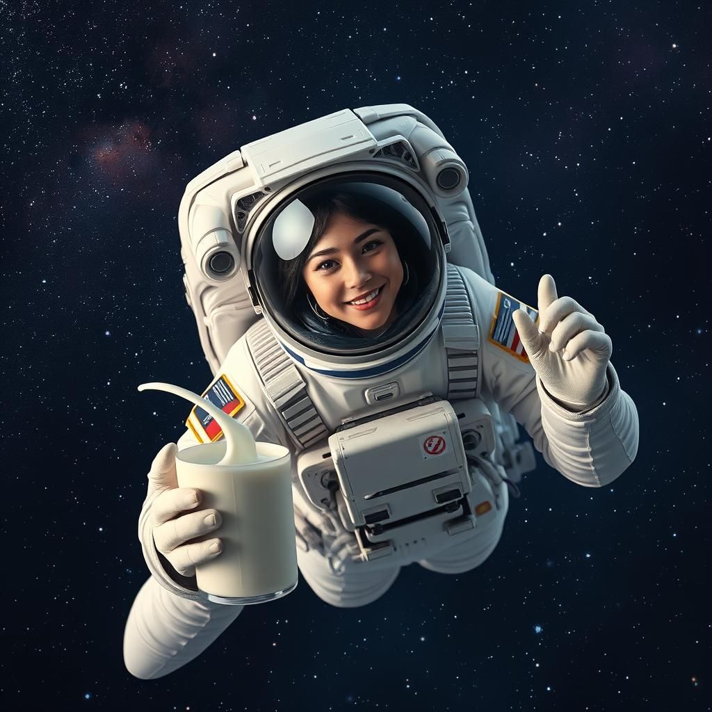 female astronaut, floating in space, holding a milky way 