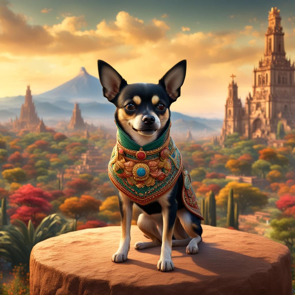 Chiwawa dog , In traditional central Mexico clothing, Sombre...