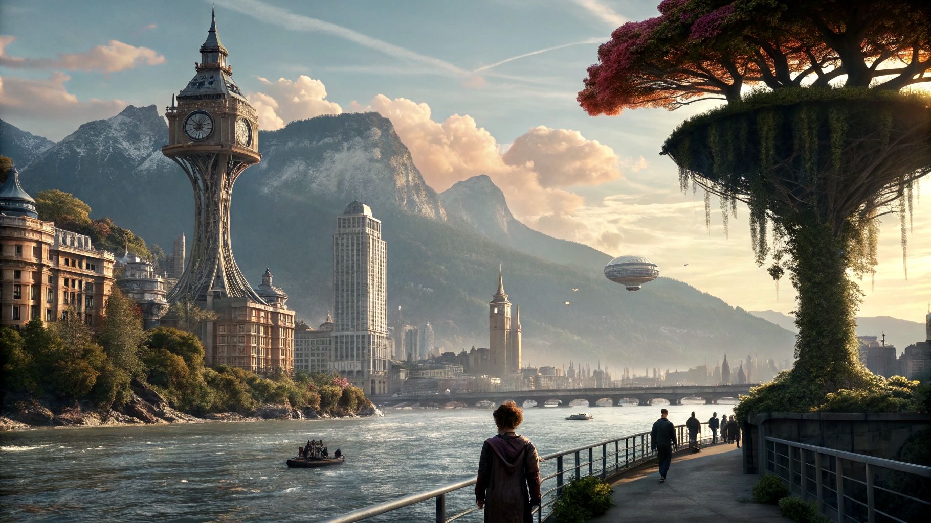 Surreal floating cityscape