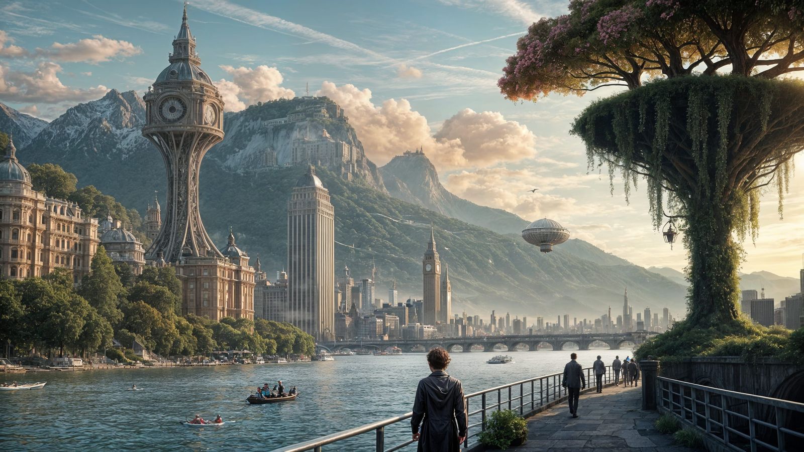 Surreal floating cityscape