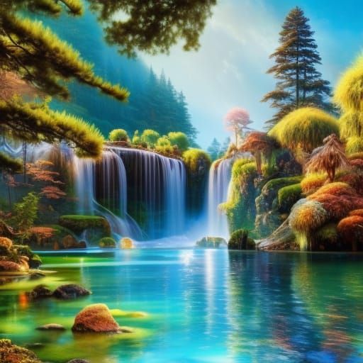 A hyperrealistic digital art, waterfall and river, misty, stone temple  architecture, insanely detailed and intricate, fantasy, photorealism, -  AI Generated Artwork - NightCafe Creator